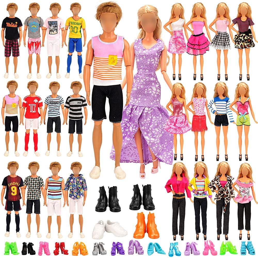 Miunana Lot 37 pcs Random Doll Clothes Shoes Set for 11.5 inch Doll, Includ 5 PCS Boy Doll Clothes + 10 Girl Clothes + 5 Girl Fashion Skirts + 2 Pairs for Boy Shoes + 15 Pairs of Girl Doll Shoes