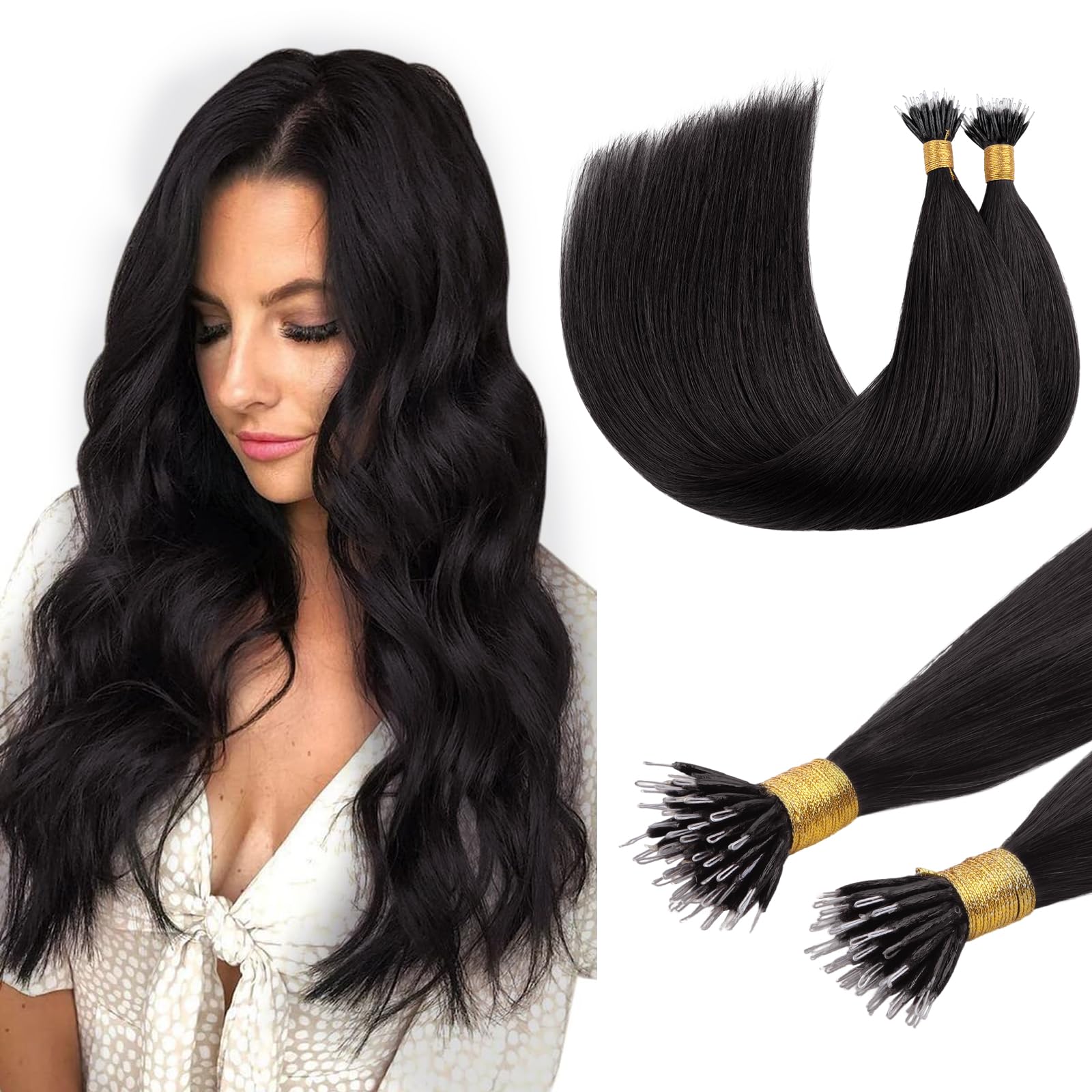 DOORES Nano Hair Extensions Real Human Hair, Natural Black 22 Inch 50g 50s, Natural Remy Nano Ring Hair Extensions Cold Fusion — image 1
