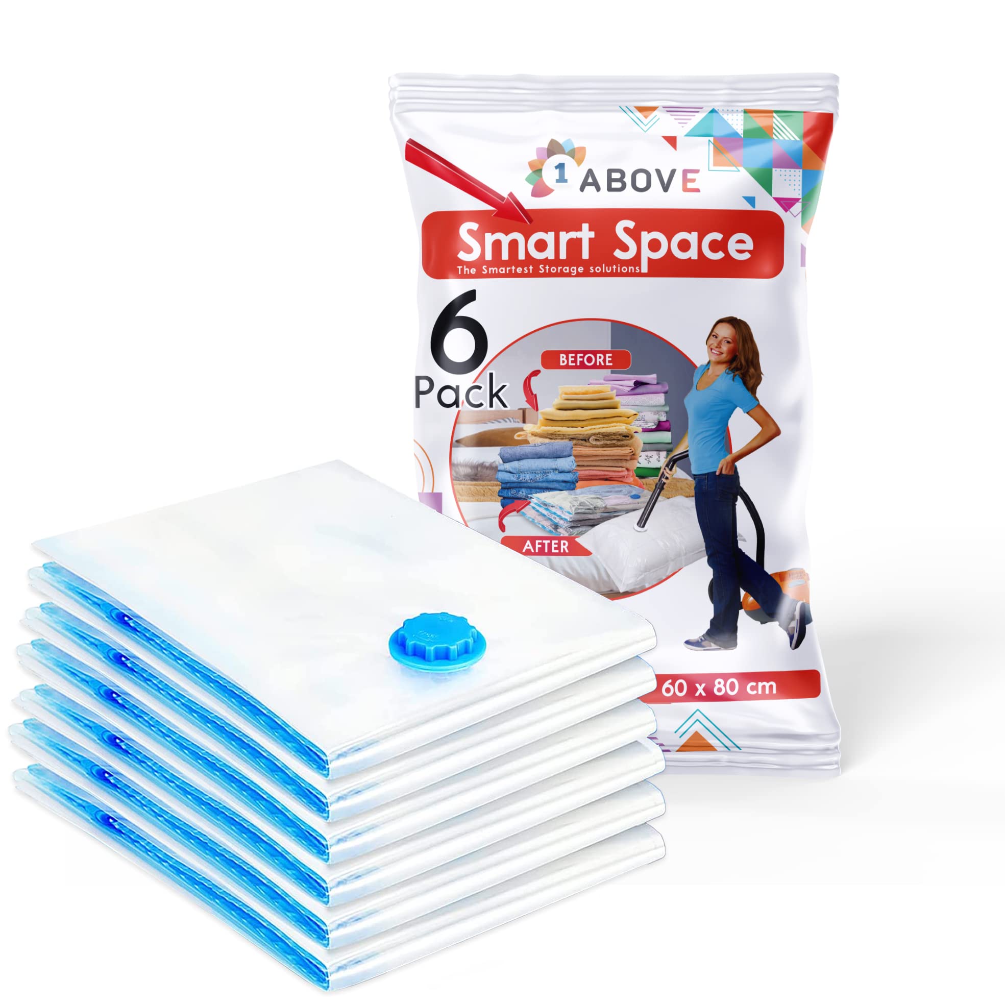 1ABOVE Pack of 6 Vacuum Compressed Storage Bags, Mould Moisture and Bug Proof, Double Zip High Sealing Triple Air Leak Patent Valve for Maximum Compression (LARGE)