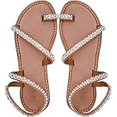 GORGLITTER Women's Pearl Strappy Flat Sandals Wedding Sandals for Bride Beaded Ankle Strap Toe Ring Slip on Slides Summer Vacation