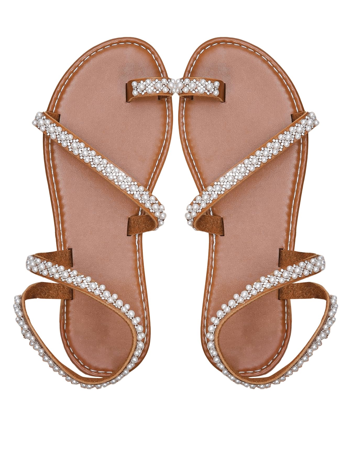Photo 1 of GORGLITTER Women's Pearl Strappy Flat Sandals Beaded Ankle Strap Toe Ring Trendy Dressy 2025 Sandal Brown 6.5