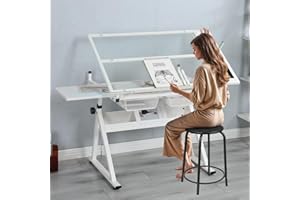 Gagawin Drafting Table for Artists, Height Adjustable Glass Drawing Table with Stool, Ergonomic Art Table with 0-75° Tilting Tabletop and More Storage for Home Office, Type 1-White