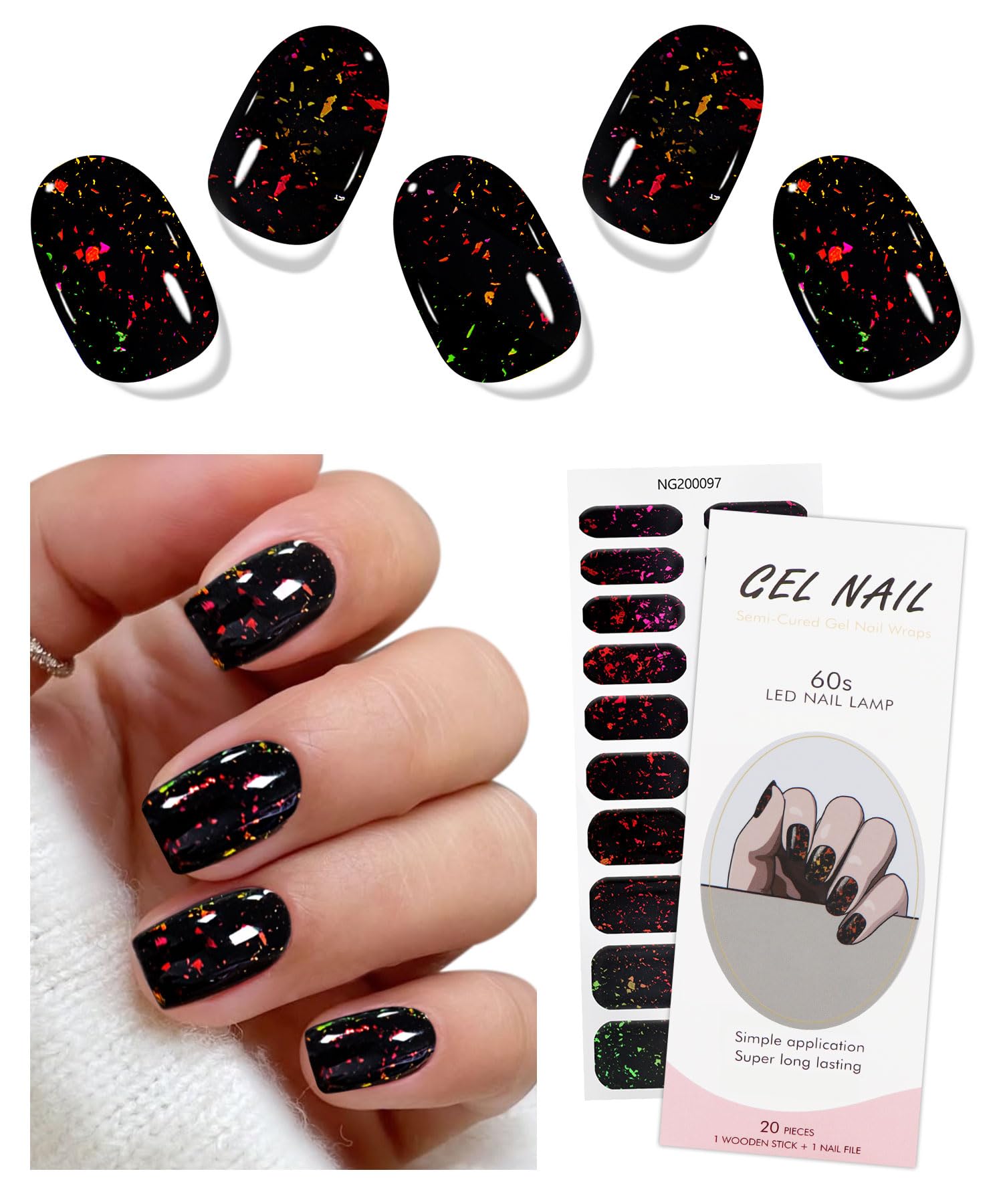 JMEOWIO Gel Nail Stickers Black Red Semi Cured Gel Nail Strips Wraps UV/LED Nails Art Design Decoration Accessories