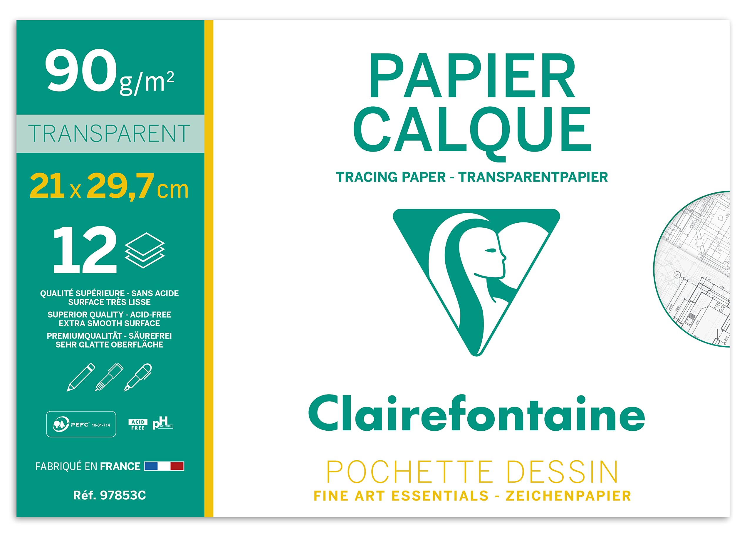 Clairefontaine - Ref 97853C - Tracing Paper (12 Sheets) - A4 Sized, 90/95g, High Transparency, Smooth Surface, Acid Free, Printable - Suitable for Ink, Marker & Pencil