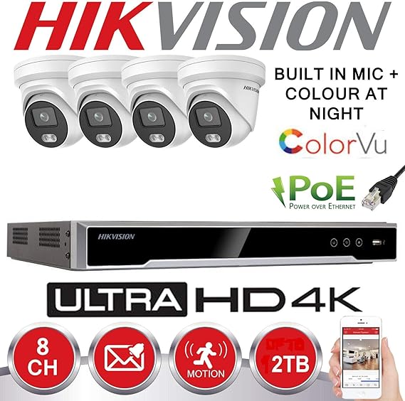 HIKVISION CCTV SYSTEM IP POE 8MP 8CH 4K UHD NVR AUDIO MIC COLOUR 4X DOME 4MP CAMERA (2TB HDD Pre ...