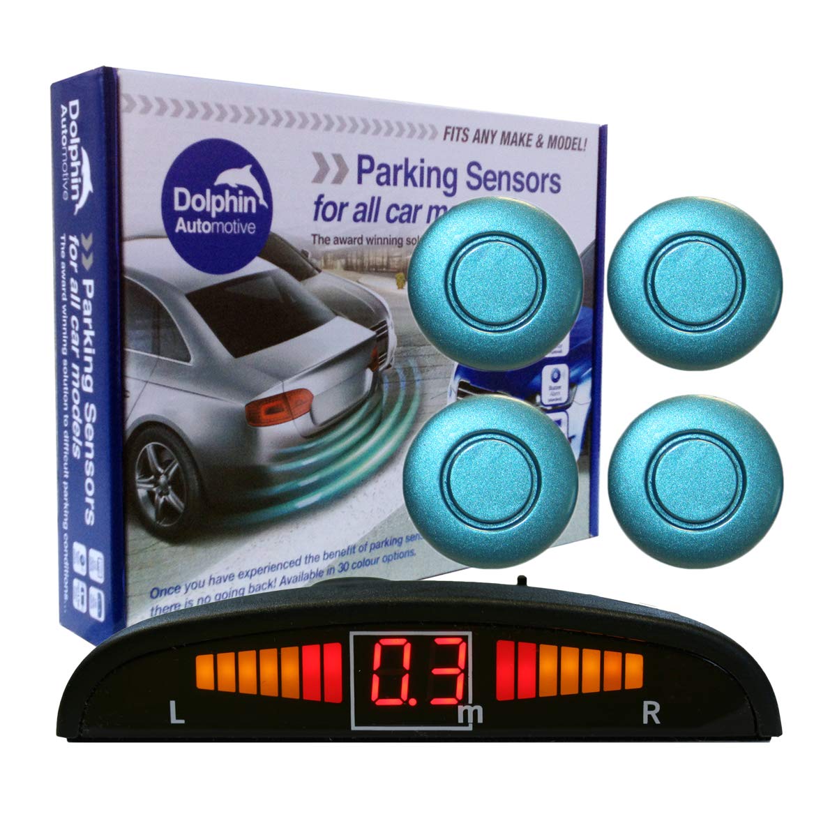Dolphin Automotive DPS450 Reverse Parking Sensors In 32 Colours 4 Ultrasonic Radar Sensors Kit Audio & Display Alert System - Light Blue