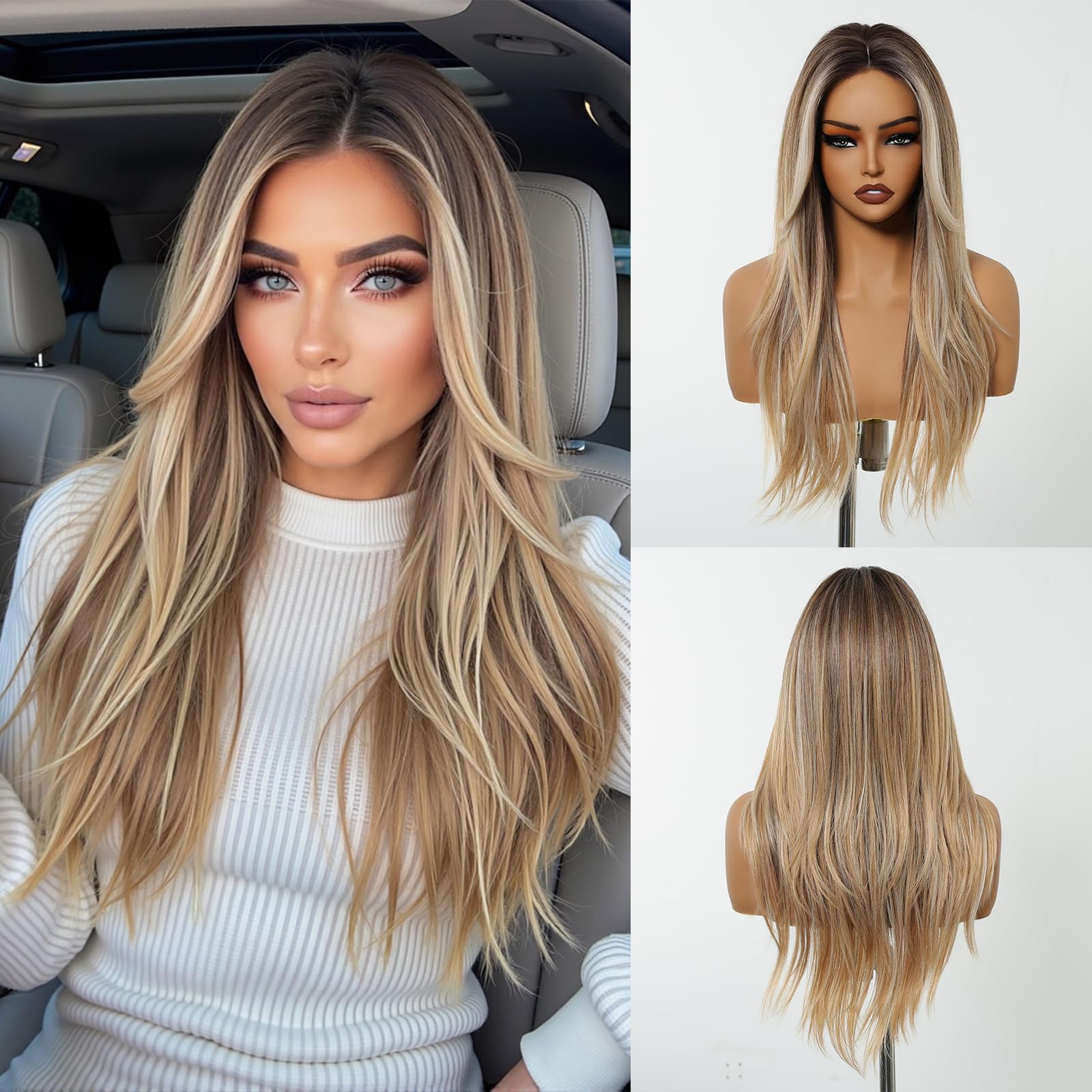 Photo 1 of DWY Long Ombre Dirty Blonde Wig for Women Forehead Lace Front Wig with Natural Hairline Long Wavy Middle Part Heat Resistant Futura Hair Synthetic Wig for Daily Use