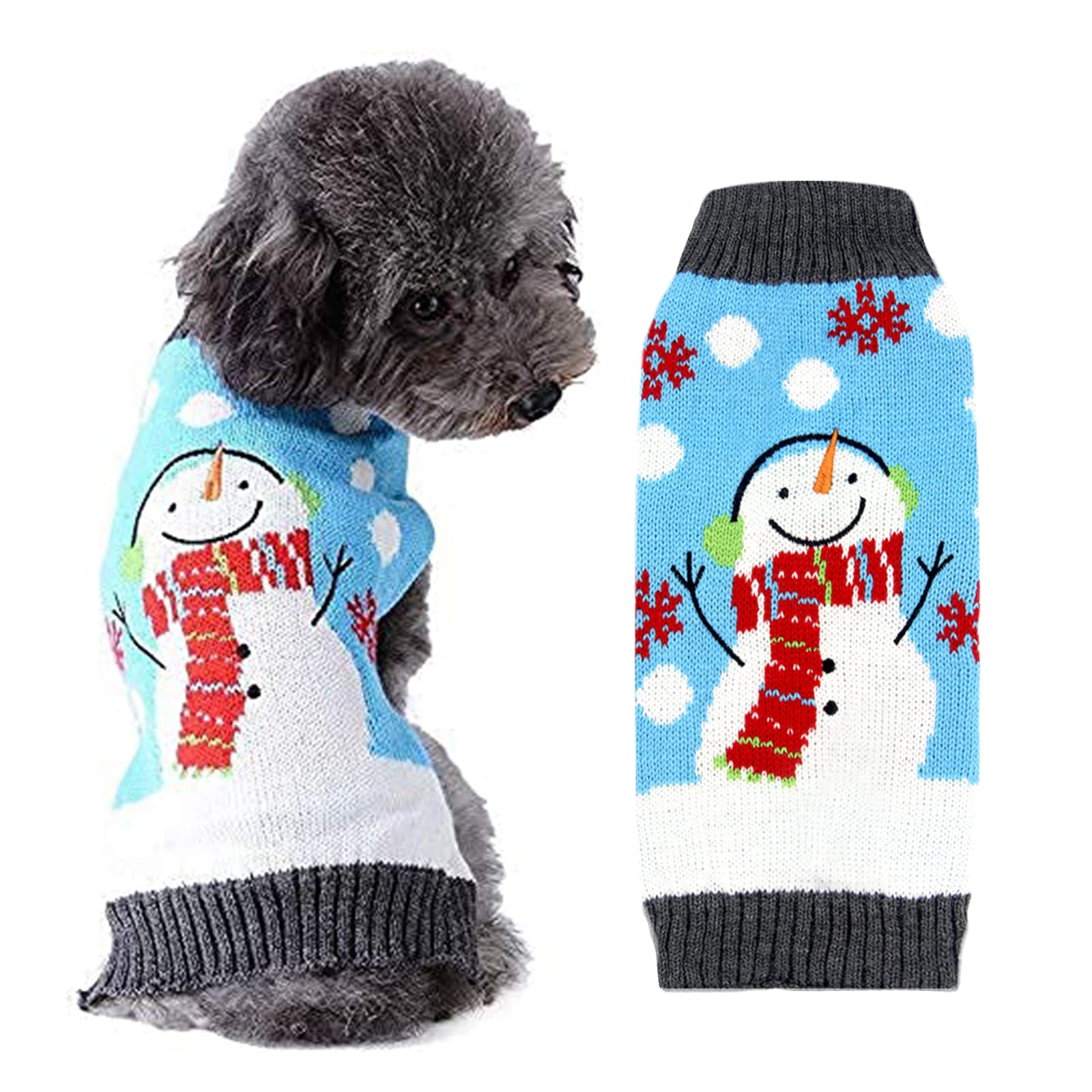 Tengzhi Soft Cozy Dog Sweater Classic Xmas Pet Casual Outfit Costume Fashion Holiday Sweater Knit Jacket for Schnauzer Bulldog Puppy Clothes for Christmas (Blue Dots Snowman, XL)