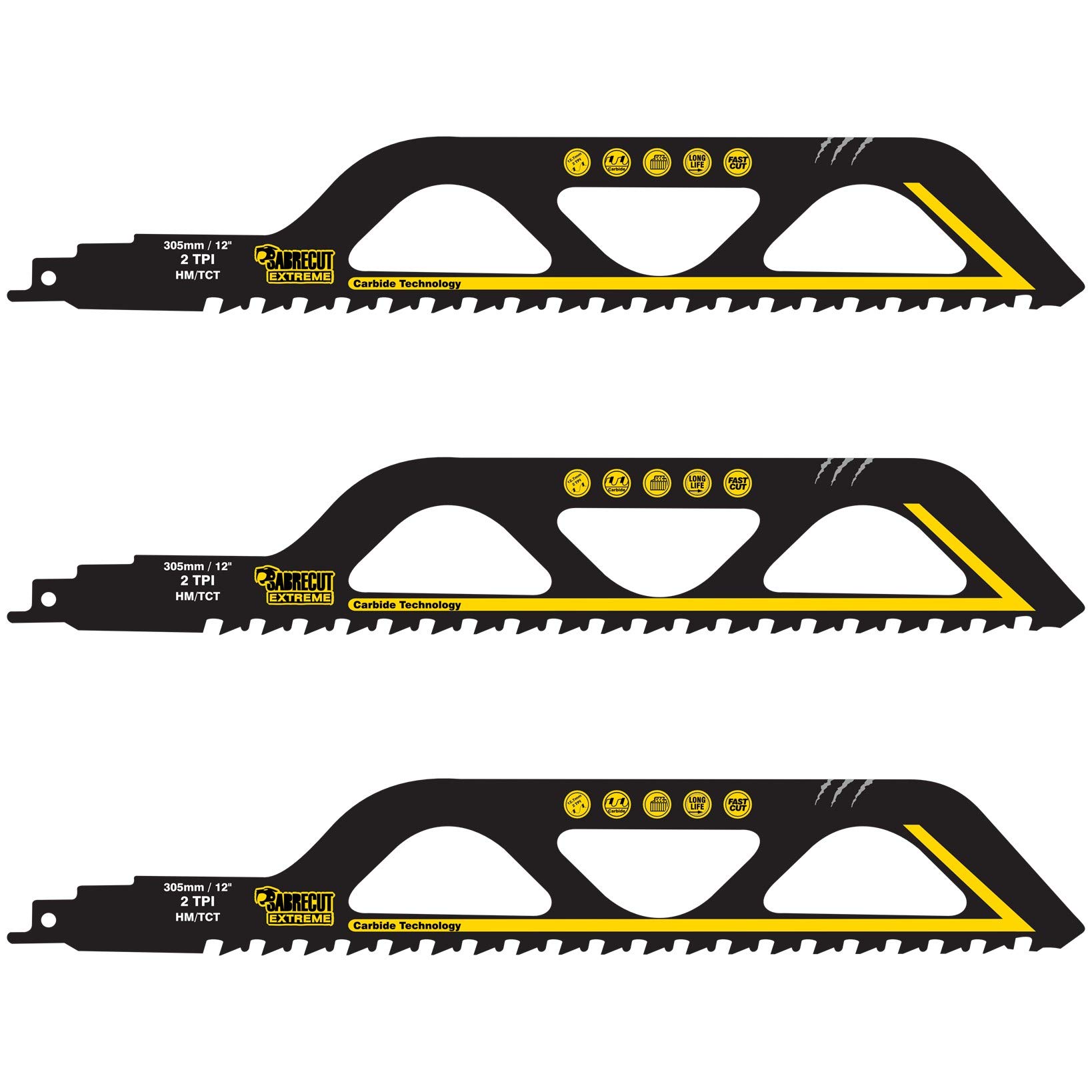 3 x SabreCut SCRS1243HM_3 Tungsten Carbide 305mm 2 TPI S1243HM Medium Bricks Poroton Fibre Cement Concrete Straight Cutting Reciprocating Sabre Saw