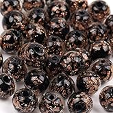20 PCS Luminous Glass Beads 8mm Making Glow in The Dark Beads Gold Sand Round Loose Beads DIY Craft Necklace give Away Crystal Stretch Cord (Black)