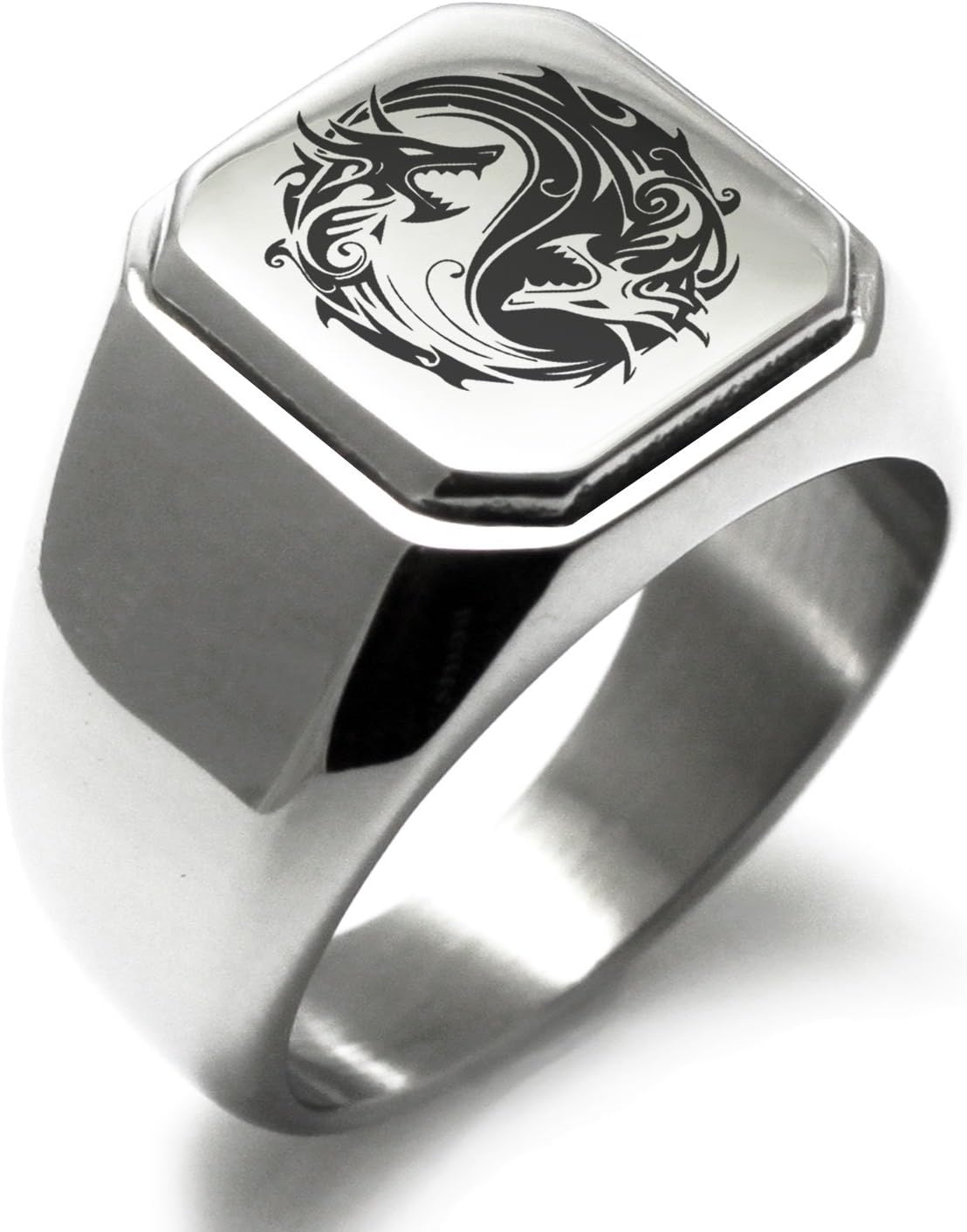 TioneerStainless Steel Signet Biker Rings for Men, Yin & Yang Symbol Square Flat Top (Black, Gold, Silver), Size 7-16
