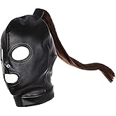 PU Leather Bondage Mask Hood SM Sex Toy with Removable Wig, Unisex Adult Eyes Mouth Open Black Restraint Headgear Mask Hood B