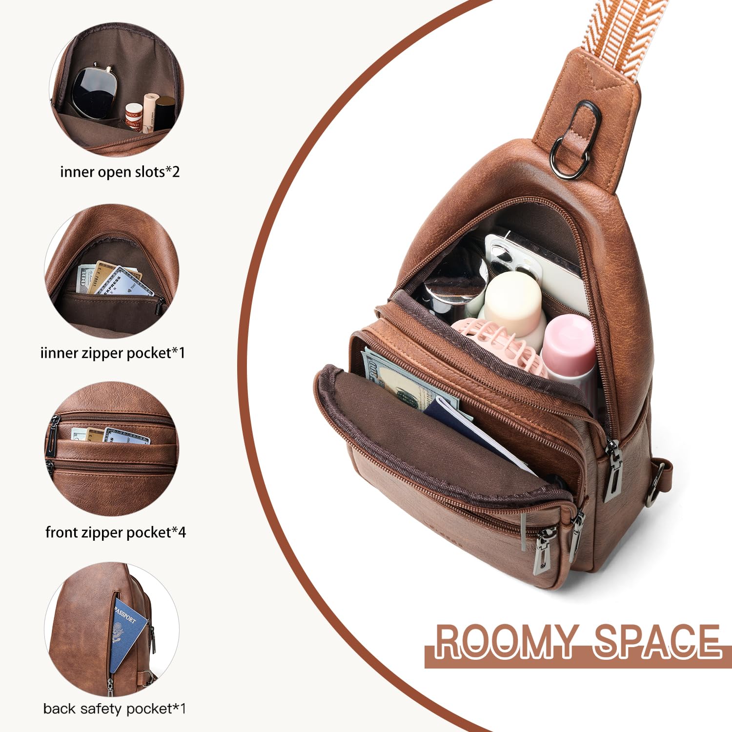 Leresas Sling Bag for Women Crossbody Bags Fanny Packs Over Shoulder Bag Sling Purse Backpack Vegan Leather Travel Brown