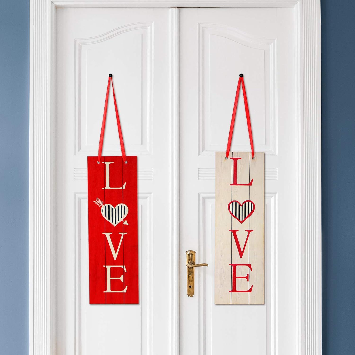 2 Pieces Valentine Sign Love Heart Wooden Sign Vertical Red White Love Letters Door Wall Hanging Sign Plaque for Valentine's Day Wedding Bedroom Living Room Dining Decor, 12 x 6 Inch