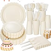 LIYH 350 Pcs Ivory Paper Plates and Napkins 50 Guest Cream Party Supplies Include Ivory Scalloped Disposable Paper Plates Cocktail Napkins Cups Spoons Forks Knives for Baby Shower,Birthday