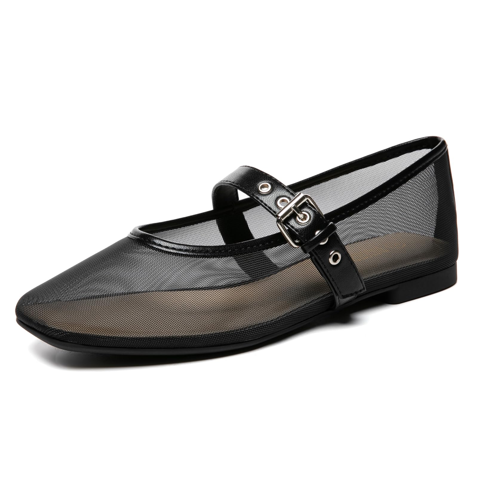Photo 1 of Rihero Mesh Flats for Women Black Ballet Flats Square Toe Ballerina Buckle Strap Mary Jane Shoes Size 7