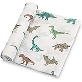 LollyBanks Baby Blanket, 100% Cotton Muslin Swaddle Blankets for Boys, Large 47 x 47 Inches Newborn Blanket, Soft and Breathable Receiving Blankets, Baby Essentials, Registry (Dinosaur Print)