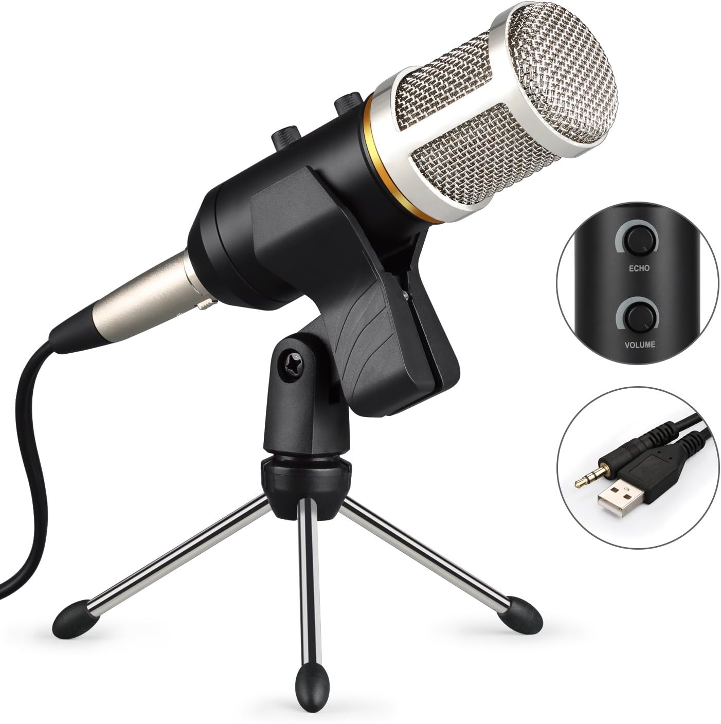 USB Microphone Studio Mic Condenser Microphones With Tripod Stand WOQI Plug and Play Home Recording Voice Studio Microphones for Computer PC Laptop (Silver)