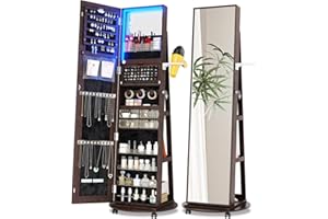 SKKTKT 360 Rotating Jewelry Armoire Organizer with Lights, Lockable Cabinet Standing, Perfect for Christmas Gifts (Brown)