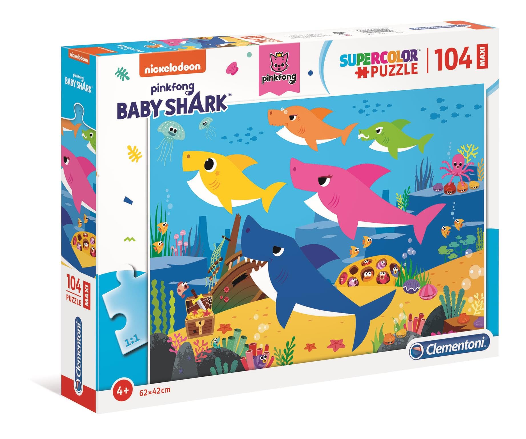 Clementoni 23751, Baby Shark Supercolor Puzzle for Children - 104 Maxi Pieces, Ages 4 Years Plus
