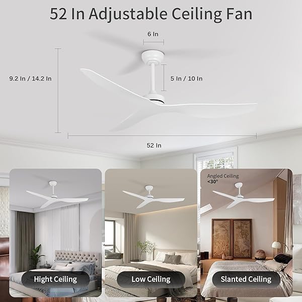 ITNI CEILING FANS WITHOUT LIGHT,52 INCH CEILING FAN WITH REMOTE CONTROL,3 REVERSIBLE BLADE,WHITE CEILING FAN FOR BEDROOM, LIVING ROOM,HALLWAY