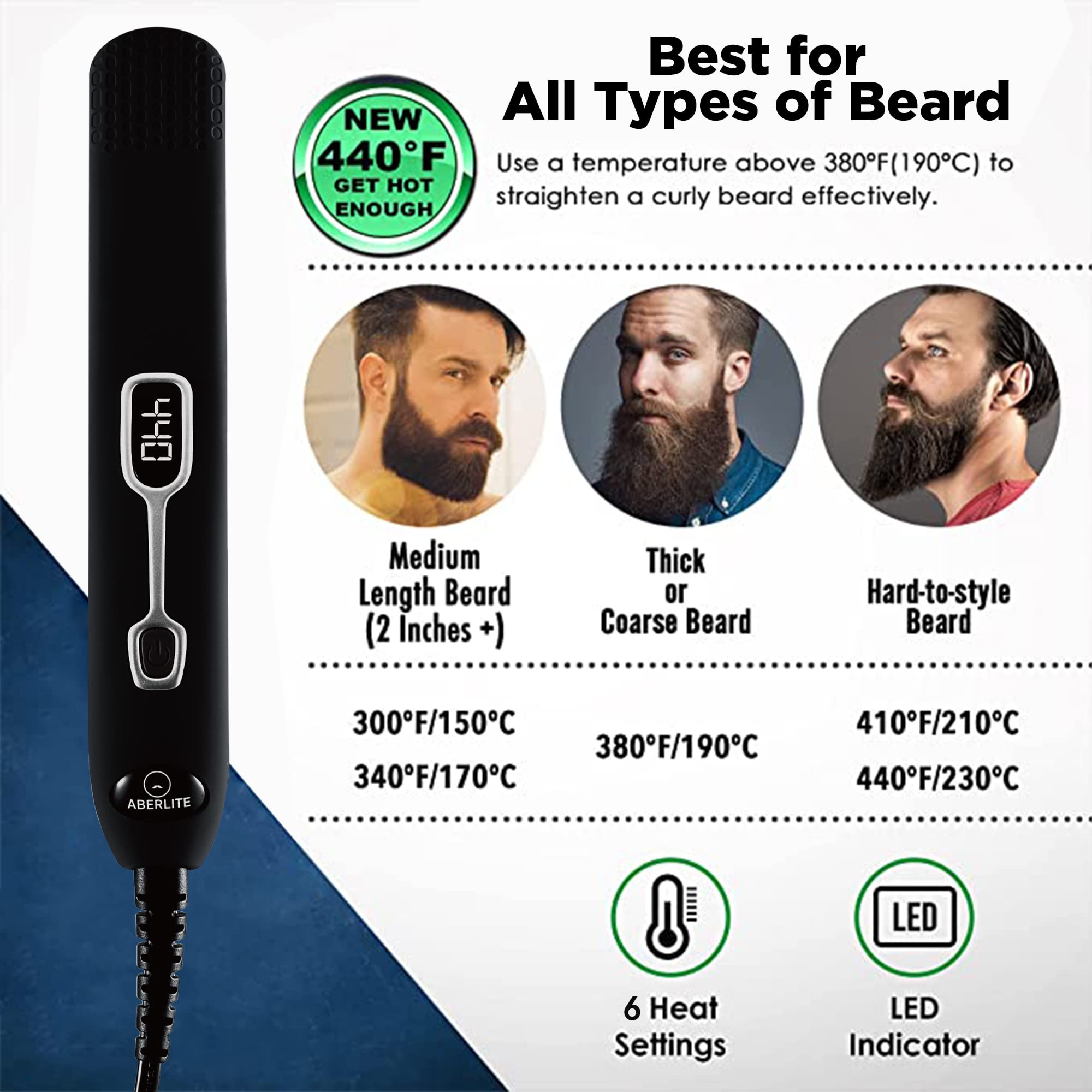 Aberlite EDC Premium Beard Straightener Brush for Men Professional Straightening Tool Heated