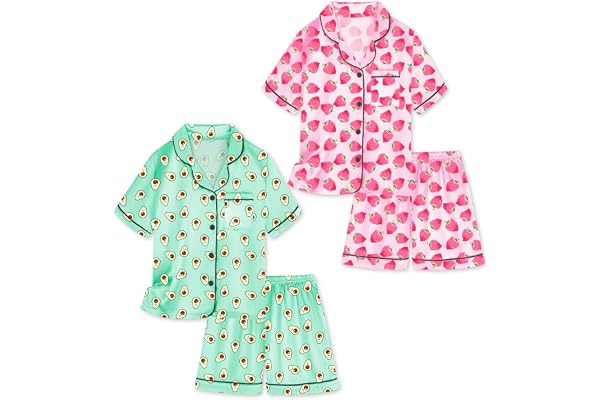 Vopawetty Satin Pajamas for Girls, 4-Piece Short Sleeve Button Down Silky PJ Set