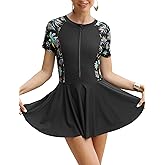 FEOYA Women's Short Sleeve Swimsuits Swim Dress 50+ UPF Rash Guard Modest One Piece Swimwear with Skirt Bathing Suit