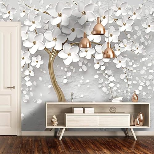 Amazon.com: 3D Gold Tree Floral, White 3D Floral Wall Mural, Wall Art