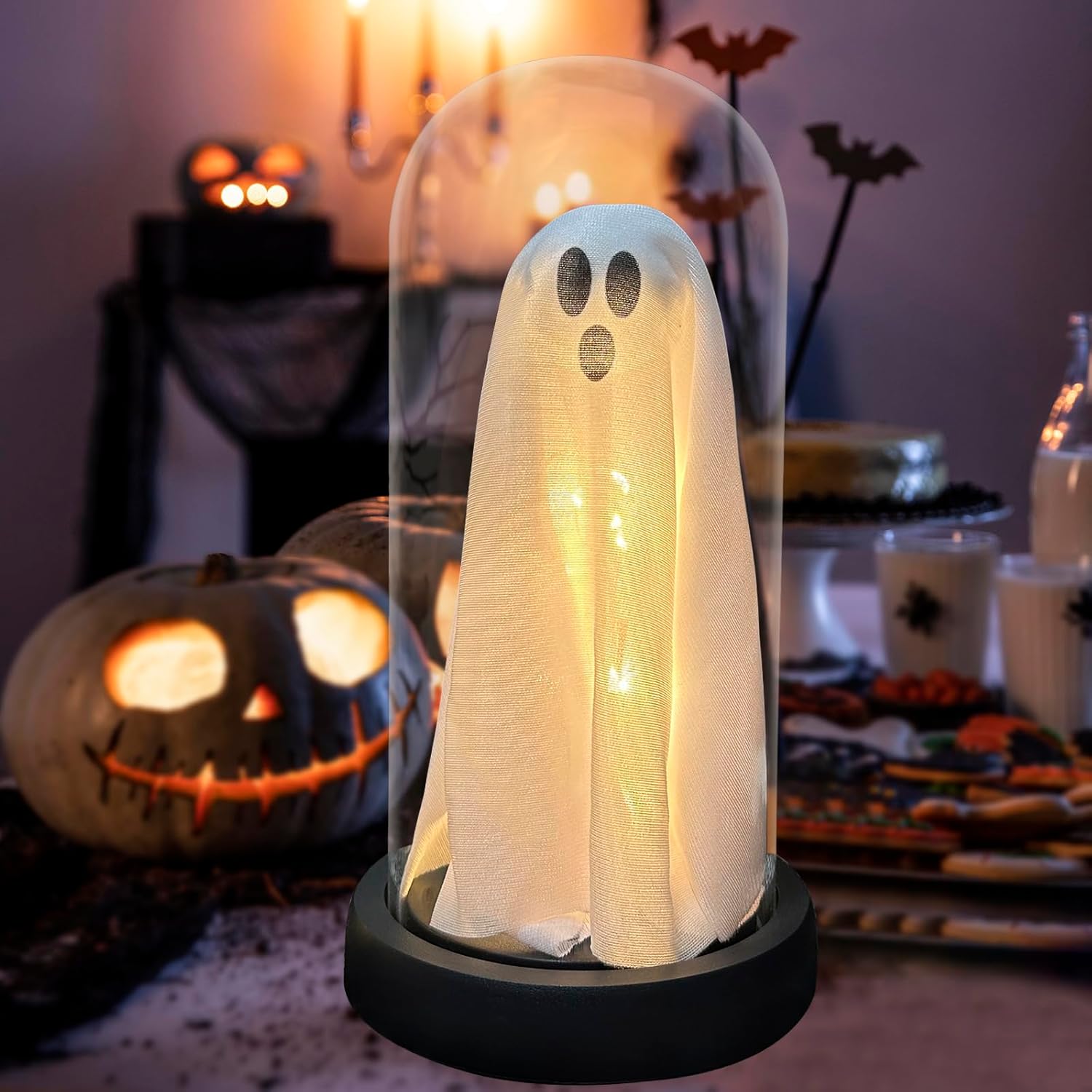 String Lights - Halloween Decor-Halloween Decorations Indoor-Light Up Ghost in Glass Cloche-Cute Ghost with Light for Home Kitchen Fireplace Tabletop Party Decor and Holiday Decorations
