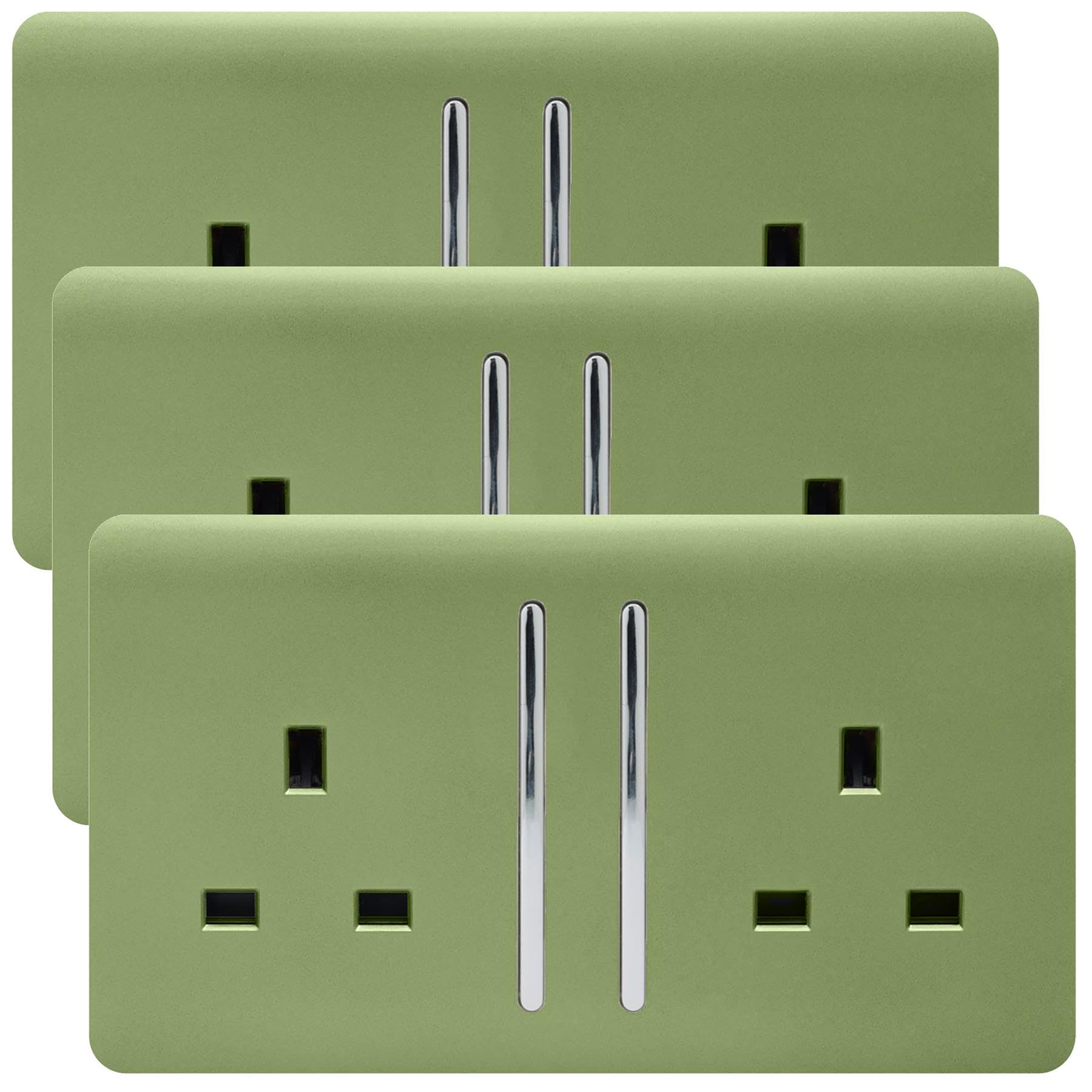 Trendi 2 Gang Artistic Modern Glossy 13 Amp Switched Plug Socket Moss Green (3 Pack)