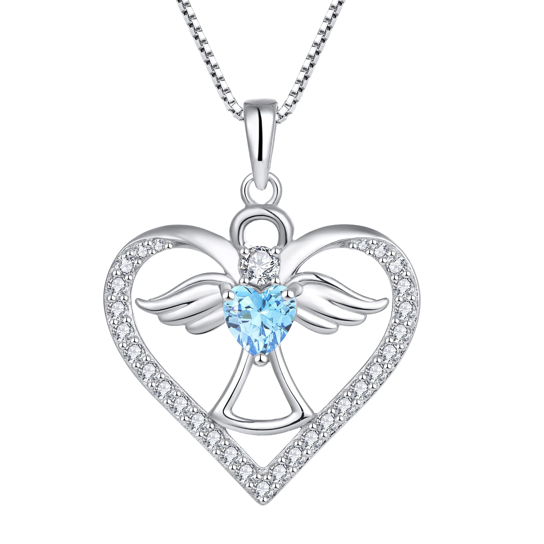 FJ Guardian Angel Necklace 925 Sterling Silver Heart Angel Wings Pendant March Birthstone Necklace Aquamarine Jewellery for Women