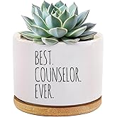 Best Counselor Ever Counselor Gifts Ceramic Succulent Plant Pot with Bamboo Tray Round Mental Health Therapist School Counselor Psychologist Home Office Decor Plant Lover 3.5 Inch White (No Plants)