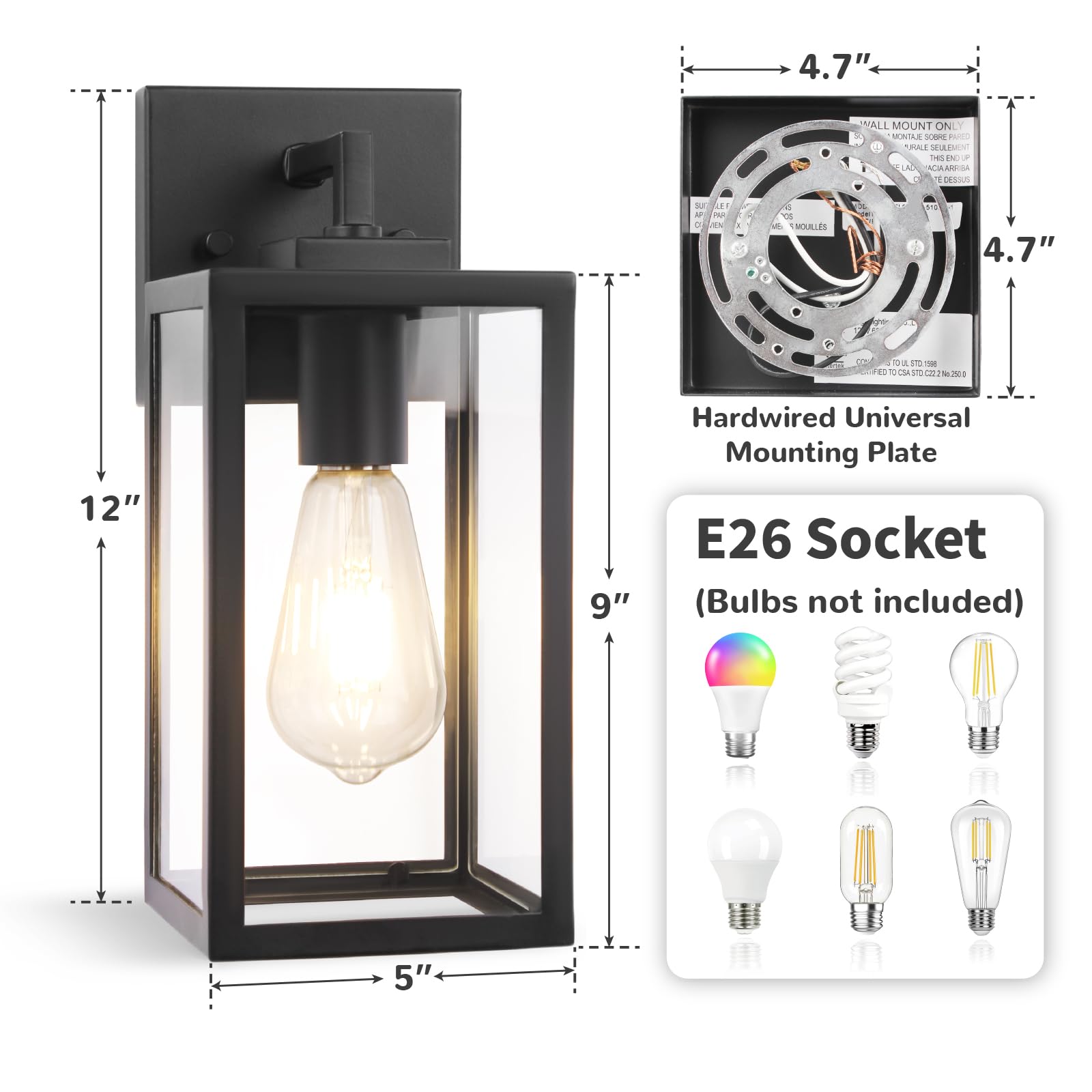 imizdlum 2-Pack Outdoor Wall Light Fixture with Tempered Glass, Exterior Wall Lantern with Easy-to-Clean Design, Waterproof Anti-Rust Wall Sconce for Front Porch, Black, E26 Base