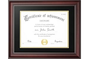 Yaetm 11x14 Diploma Frame, Certificate Frame with Tempered Glass, Display 8.5x11 Document with Black Over Gold Acid-free Mat or 11 x 14 without Mat, Wide Molding (Single, Mahogany)