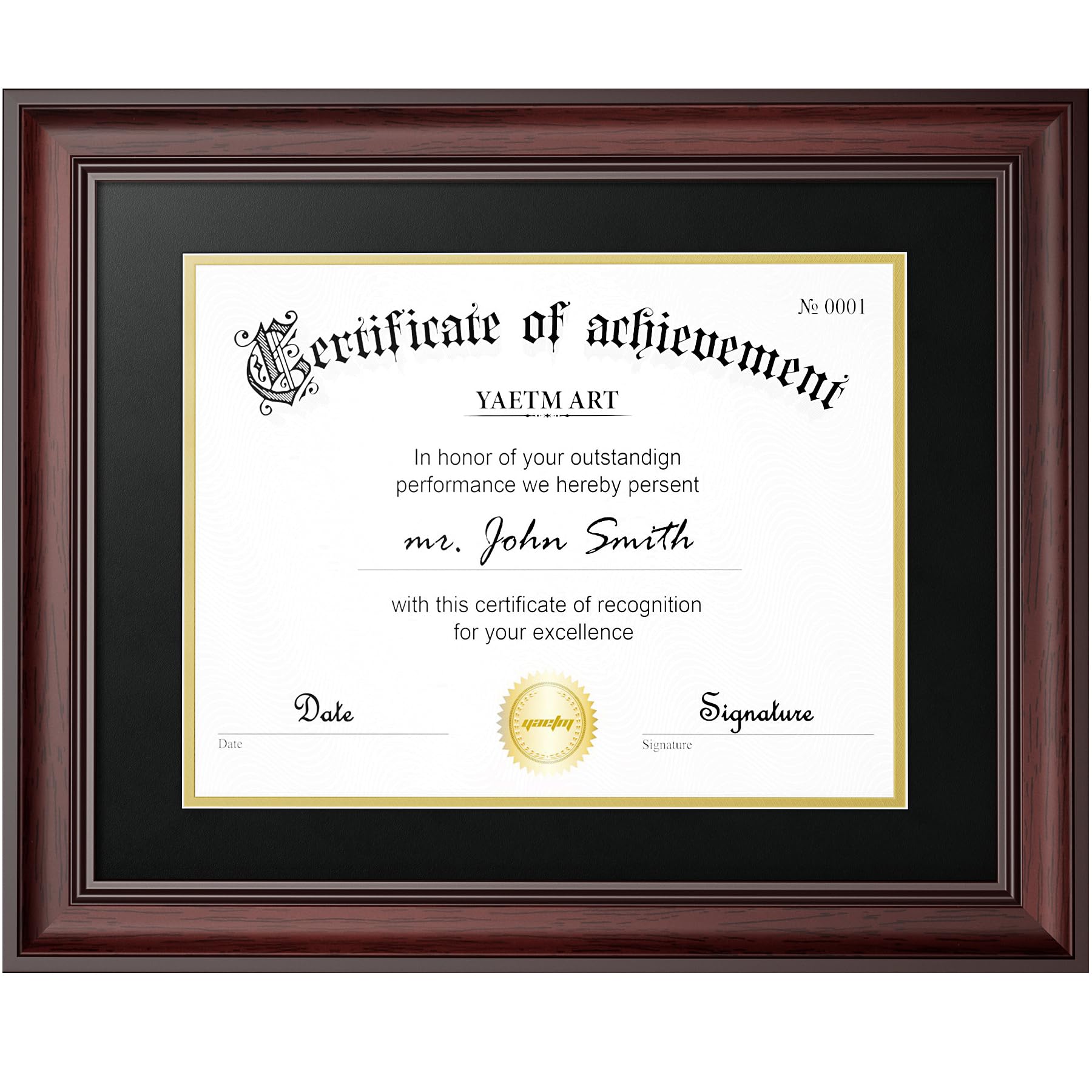 Photo 1 of Yaetm 11x14 Diploma Frame, Certificate Frame with Tempered Glass, Display 8.5x11 Document with Black Over Gold Acid-free Mat or 11 x 14 without Mat, Wide Molding (Single, Mahogany)