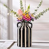 Black and White Vase with Handles, Ceramic Modern Flower Decorative Vases for Home Decor, Mantle, Rustic Table Centerpiece, Large Vases for Decor Living Room, Black Stripes Vase for Bouquet 9.1 in