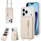 Jcxtrombulous Crossbody Wallet Case for iPhone 17 Pro Max with Lanyard Strap Card Slot Holder RFID Blocking Kickstand,Magnetic Flip Folio Zipper Purse Case, PU Leather Cover Handbag,Beige