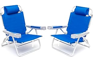 SUNNYFEEL Extra Wide 28" Low Beach Chair 2 Pack 5 Position Lay Flat, XL Oversized Portable Folding Camping Chairs with Cup Holder for Outdoor/Trip, Foldable Backpack Beach Chair for Adults