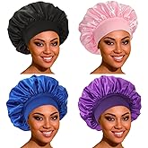 Satin Bonnet Hair Bonnet for Sleeping- 4 Pack Large Silk Bonnets for Women with Elastic Soft Band for Hair Care Braids
