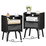 Lerliuo Rattan Nightstands Set of 2 with Charging