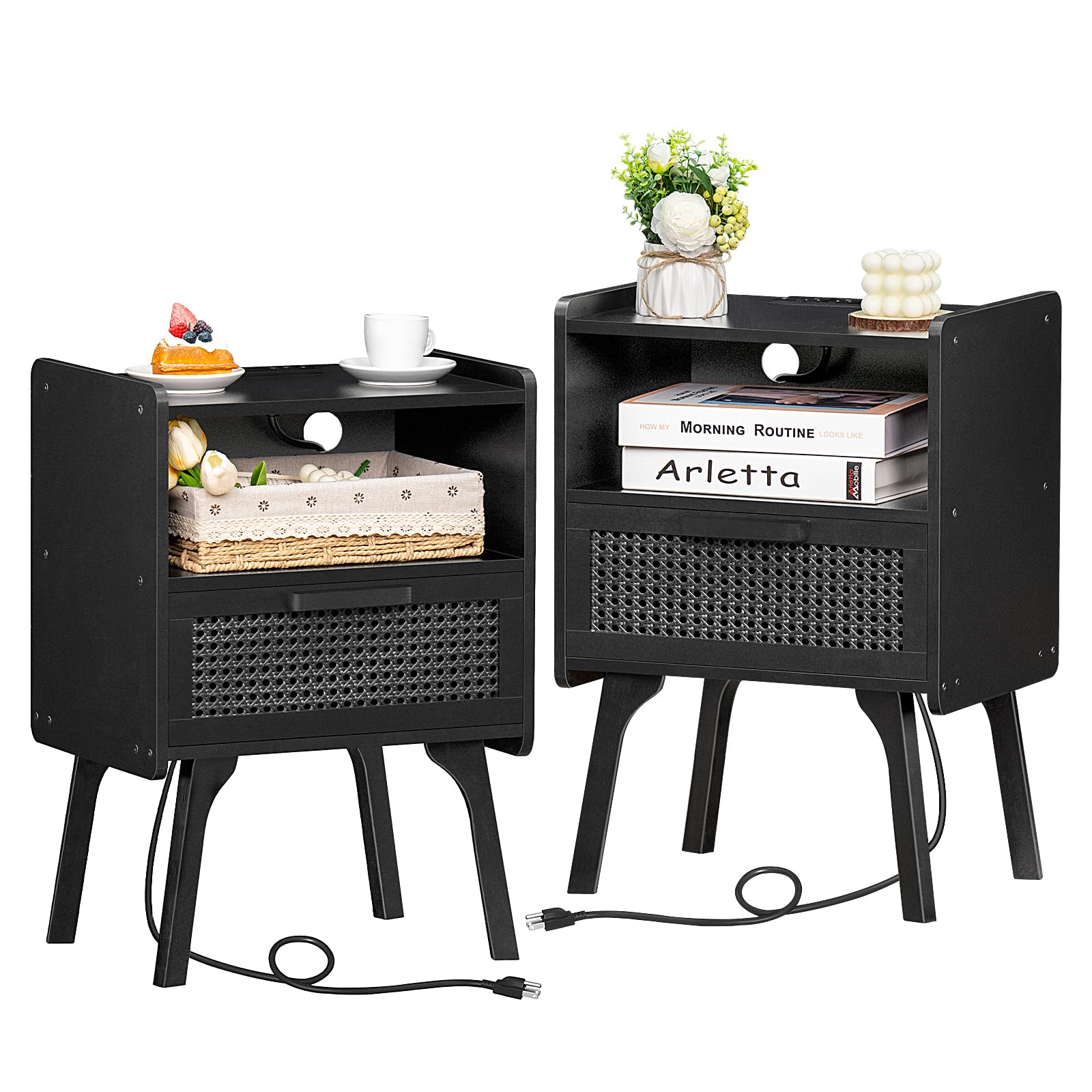 Lerliuo Rattan Nightstands Set of 2 with Charging