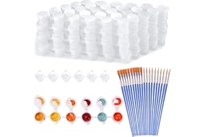 LYMOC 20 Strips 120 Pots Empty Paint Strips Mini Paint Cup Pots Storage Containers with Lids 20 Pieces (10 Miniature Detail+10 Flat Paint Brushes) for Kids Classrooms Schools Paintings Art Festivals