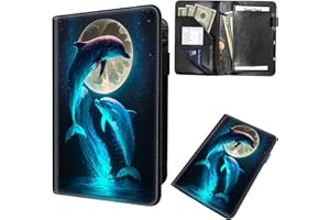 MXFDEGF Server Books for Waitress,Leather Waiter Book Server Wallet with Zipper,Cash Check Bill Receipt Holder Presenter,for Bartender,Waiter,Waitress Accessories,Server Apron,Cute Dolphins and Moon