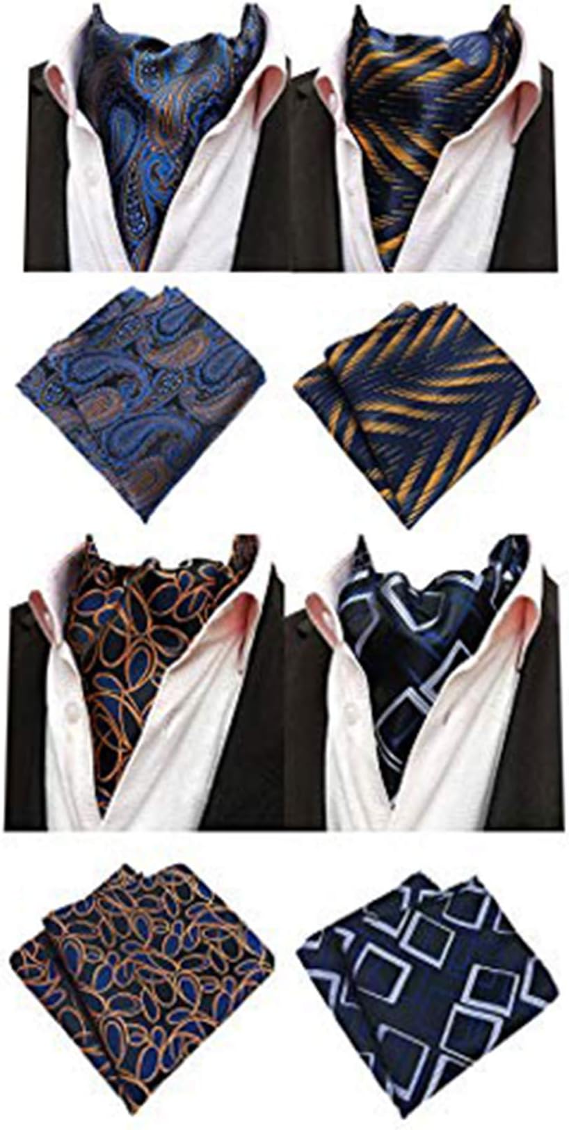 MOHSLEE Men's Exquisite 4 Pack Cravat Floral Ascot Scarf Tie & Pocket Square Set