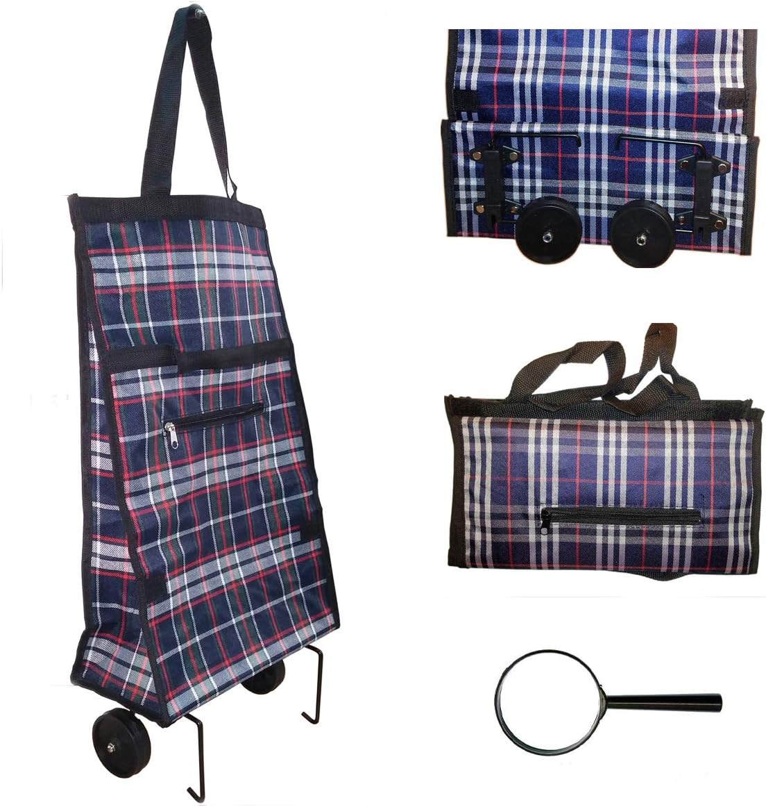 Genesis21 Shopping Grocery Folding Shopping Bag - Laundry Utility Cart with Wheel with Handheld Magnifier
