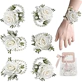 PFBLKU 6 Pcs Wrist Corsages for Wedding, White Rose Corsage for Bride Bridesmaids Mother Girl, Artificial Flower Bracelet Homecoming Prom Party Anniversary Accessories(Comes with an Elegant Handbag)