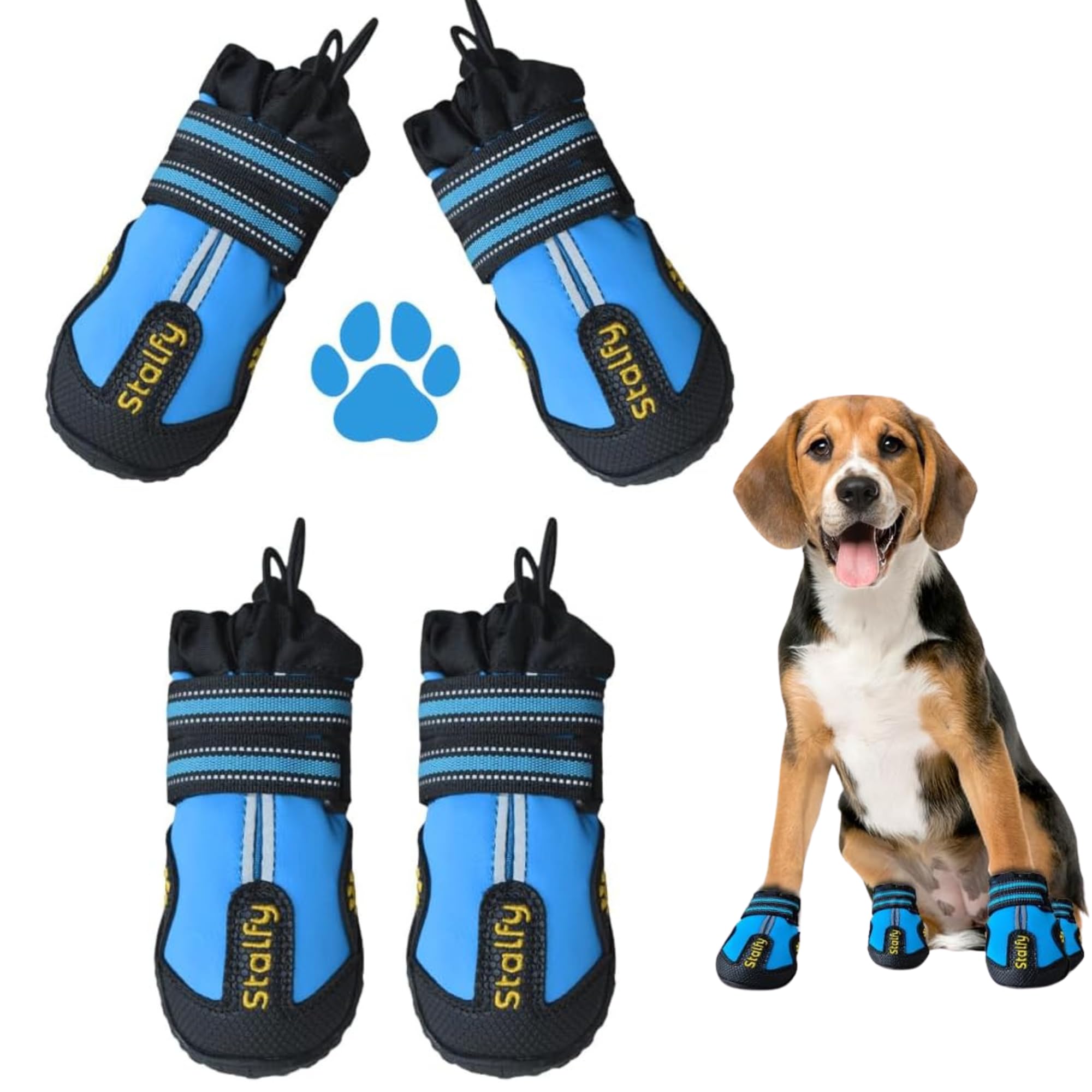 STALFY Dog Shoes Features Elastic Enclosure, Grippy Sole & Bend btw Ankle & Shoe. Paw Protectors for Heat & Snow, Dog Boots for Injured Paws Waterproof with Reflective Straps 4 Pcs (Size # 07)
