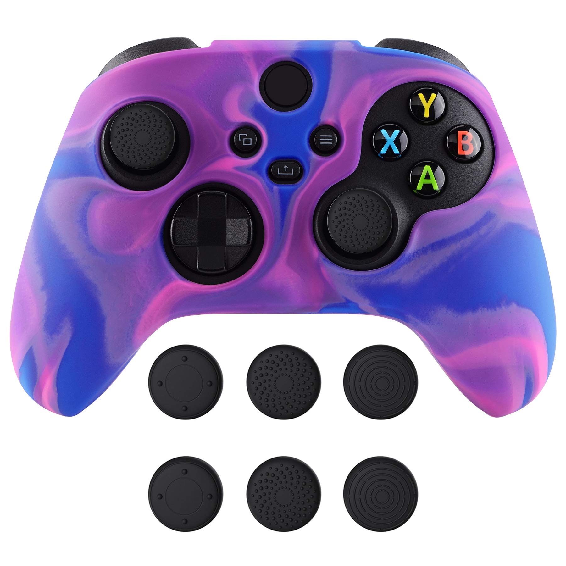 PlayVital Tri-Color Pink & Purple & Blue Camouflage Anti-Slip Silicone Cover Skin for Xbox Series X Controller, Soft Rubber Case Protector for Xbox Core Wireless Controller with Black Thumb Grip Caps