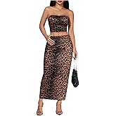Milumia Women's Two Piece Skirt Set Cheetah Print Strapless Crop Tube Top Maxi Skirts Rave Ouftits